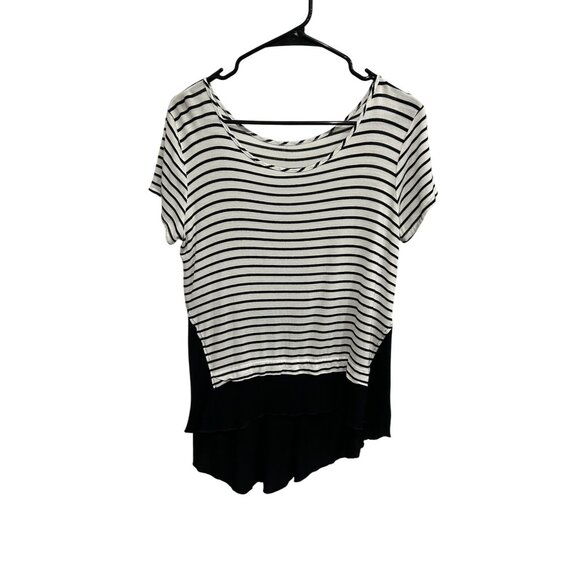 Striped Short Sleeve Mixed Media Top Black White High Low Tee Monochrome - Picture 1 of 7